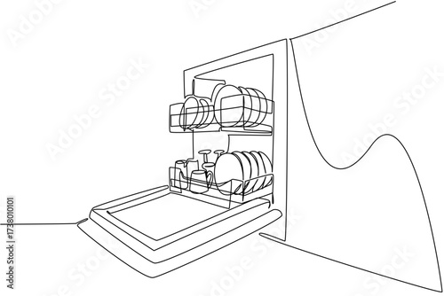 Single continuous line drawing rows of plates, bowls, glasses, mugs in an open dishwasher. Clean and neat kitchen layout. Modern. National No Dirty Dishes Day. One line design vector illustration