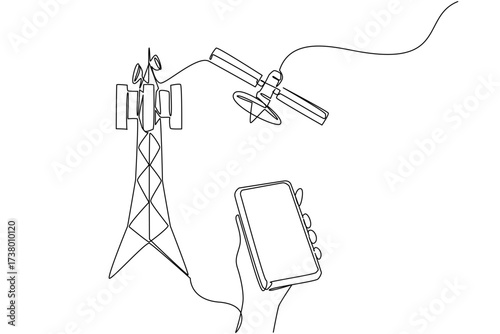 Continuous one line drawing hand holds smartphone and pointing at transmitter tower. Progress of times. World Telecommunication and Information Society Day. Single line draw design vector illustration