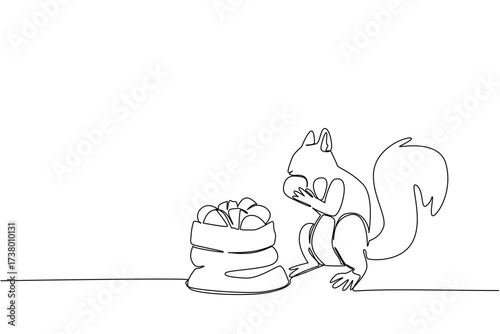 Continuous one line drawing squirrels eat walnuts and small sacks full of walnuts. Food to maintain squirrel dental health. Energy. National Walnut Day. Single line draw design vector illustration