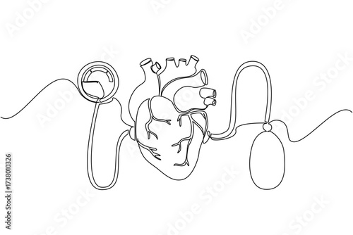 Continuous one line drawing heart with pumps and blood pressure meters at the ends. Health conscious equipment. Healthy living. World Hypertension Day. Single line draw design vector illustration