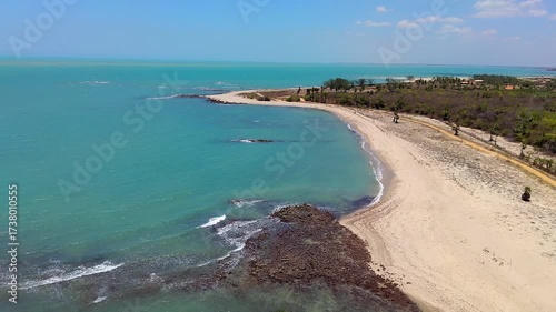 Aerial view of Barra Grande beach, Piaui, showing reefs, turquoise ocean and calm waters. Ecotourism and kitesurfing paradise spot.