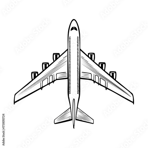 Overhead view of a large commercial airliner, featuring vector line art aircraft drawing