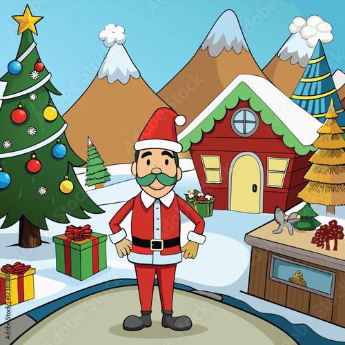 Cartoon Santa Claus in Snowy Village with Christmas  vector illustration EPS file download.
