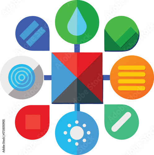 Colorful abstract diagram with central square and surrounding icons on white vector illustration.