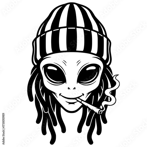 Smoking Alien with Dreadlocks and Beanie Vector Illustration, Extraterrestrial, Rasta, Weed, Funny, Hippie