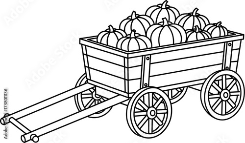 Pumpkin Wagon Harvest Outline. Autumn Coloring Page 
