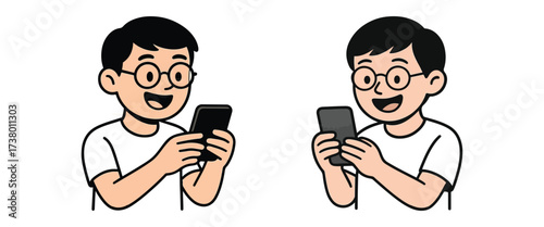 Minimal Vector Illustration of Smiling Character Using Smartphone – Communication and Tech Icon