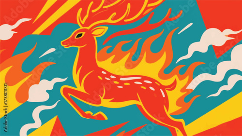 Wild Deer on Fire Illustrator Artwork Banner Background Design Template 
