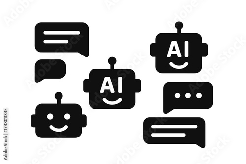 Creative design showing multiple friendly AI robots with speech bubbles conveying communication in a digital environment