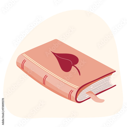 Clip art of Autumn book with a leaf on the cover and a bookmark, on isolated background. Hand drawn design for Autumn holidays, Thanksgiving, Halloween, seasonal textile, scrap booking.