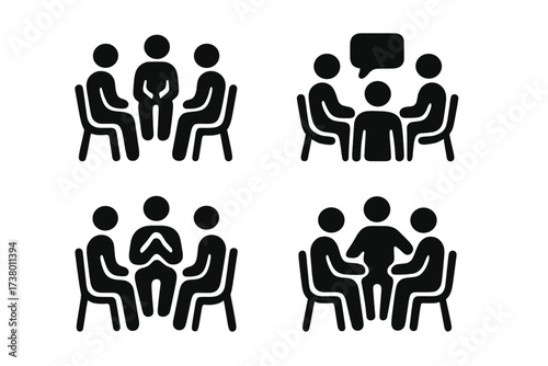 Group discussions and collaborative meetings with participants seated around tables