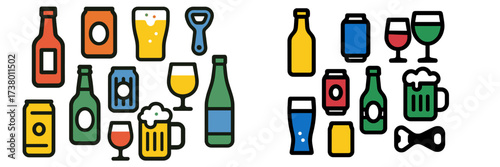 Colorful assortment of beverage icons showcasing various drinks and beer bottles on a bright background