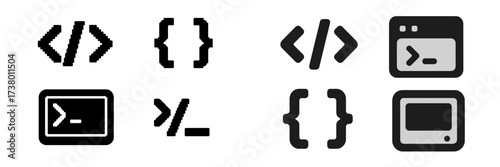 Various coding symbols and icons displayed in modern and retro styles for programming enthusiasts