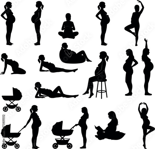 Pregnant Women Silhouette Vector Set Expecting Mothers In Different Poses With Baby Stroller And Yoga Positions. Pregnant Women Set