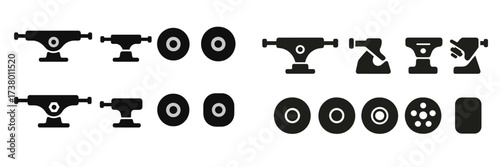 Various skateboard trucks and wheels displayed in a minimalistic style for enthusiasts and designers