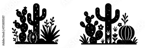 Cactus garden design featuring various plants and flowers in silhouette style for decoration and creativity