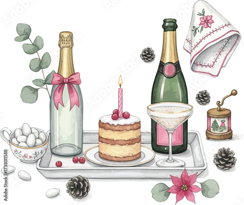Wine bottles and glasses with cheese and grapes for celebration and party meal illustration