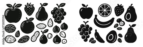 Colorful collection of hand-drawn fruits and nuts on a white background showcasing healthy food options for snacking
