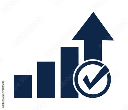 Graph diagram up icon, business growth success chart with arrow and check mark, concept of achieving set goals, business bar sign, profit growing symbol, progress bar symbol, growing graph icon
