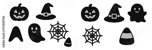 Colorful Halloween decorations including pumpkins, witches' hats, ghosts, and candy corn set for festivities