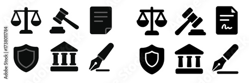 Legal icons representing justice, law, and governance in black and white design