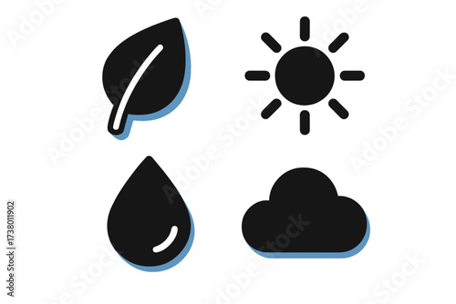 Symbols representing nature elements including leaf, sun, water droplet, and cloud on a simple background