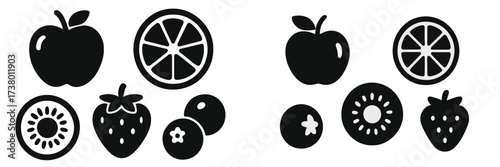 Black and white fruit illustrations showcasing apples, strawberries, oranges, and blueberries in a simple design