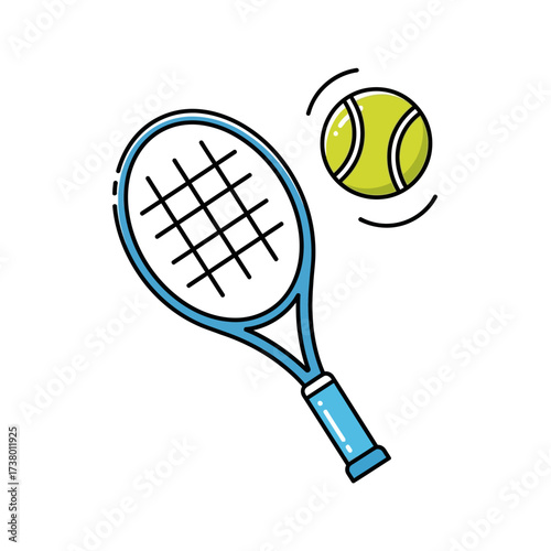 Get ready to serve with this playful tennis racket and ball illustration perfect for sports themed designs and fitness promotions, adding a sporty vibe