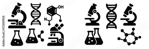 Science symbols showcasing laboratory equipment and molecular structures in a simple graphic layout