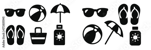 Summer beach essentials including sunglasses, flip flops, umbrellas, and sunscreen arranged in a vibrant and playful design