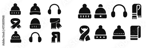 Various winter accessories including hats, scarves, and earmuffs in simple black and white design