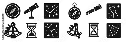 Various symbols representing astronomy tools and navigation instruments used for stargazing and exploration