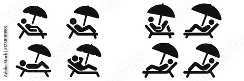Relaxing sunbathers with umbrellas enjoying a sunny day by the poolside in a tropical setting