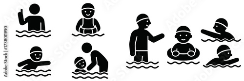 Various swimming activities and safety measures being practiced in a pool setting