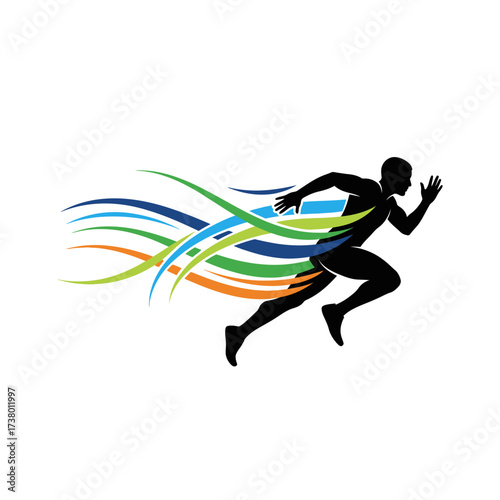 Dynamic runner silhouette with vibrant energy trails symbolizing speed, agility and motion for sports branding, fitness campaigns, and athletic designs