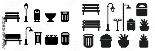 Urban park elements including benches, trash cans, and planters in a minimalistic black design on white background