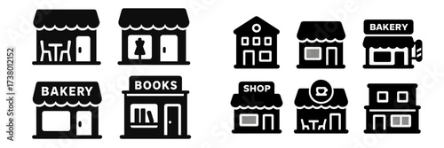 Various shop icons representing bakery, books, and general storefronts in a simple, modern design