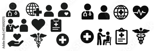 Health care icons representing various aspects of medical services and patient care in a clean, simple design