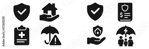 Icons representing various insurance types and services including home, health, and life coverage solutions