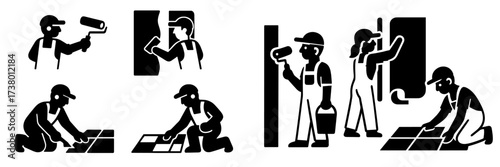 Various home improvement activities being performed by workers in a simple black and white design showing painting and tiling tasks