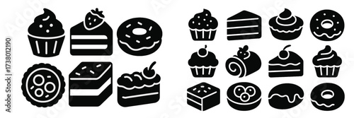 Collection of various dessert icons featuring cakes, cupcakes, and pastries for a sweet treat theme