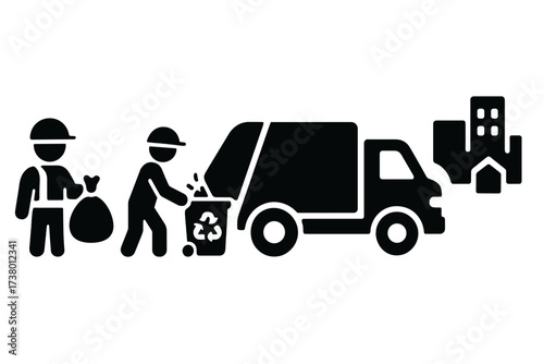 Workers collecting trash and recycling with a truck in an urban area during daylight hours for a clean environment initiative