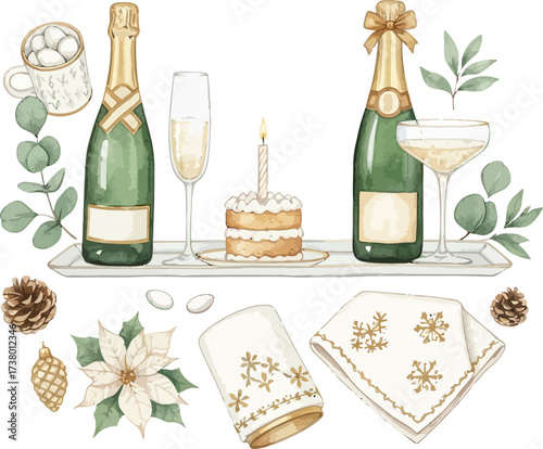 Set of wine bottles and glasses with festive drinks and food on table