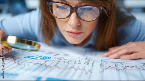 Intense Scrutiny: A professional with glasses intently analyzes financial data with magnifying glass.
