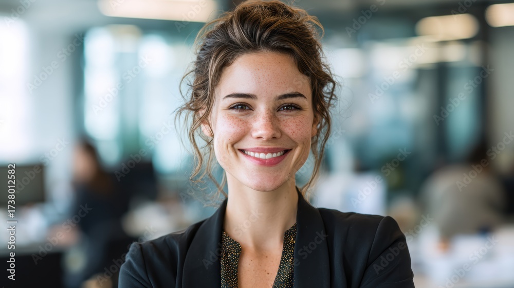 Obraz premium A confident woman smiling in a modern office environment, showcasing professionalism and positivity.