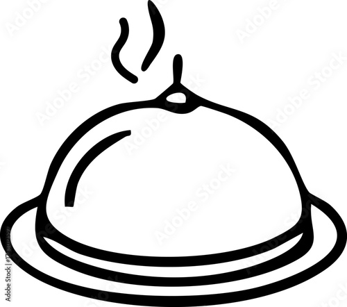 Black outline illustration of a cloche food cover with steam lines. Simple vector icon for restaurant service, menu design, catering, and culinary projects