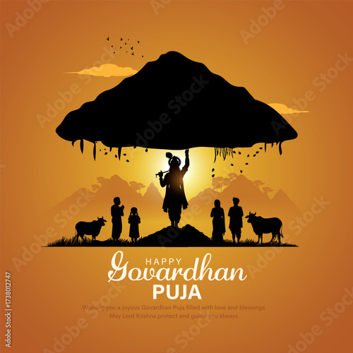 Indian religious festival happy Govardhan Puja Hindu festival Greeting background with Silhouette illustration of Lord Krishna lifting hill.
