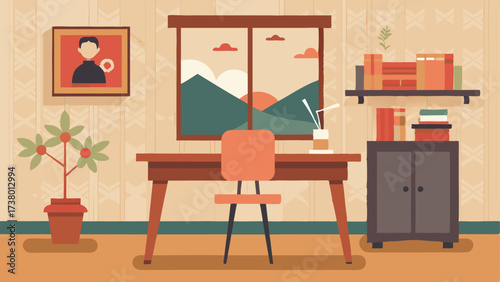 A home office with a simple Scandinavianstyle desk and chair p against a feature wall covered in traditional Japanese wallpaper.