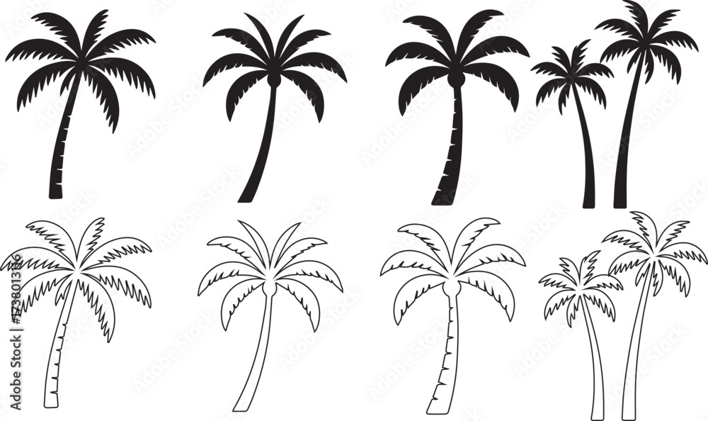 Naklejka premium Palm tree silhouettes set – black palm tree shapes collection, isolated line art vector 