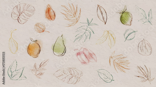 Hand-drawn fruits and leaves collection
